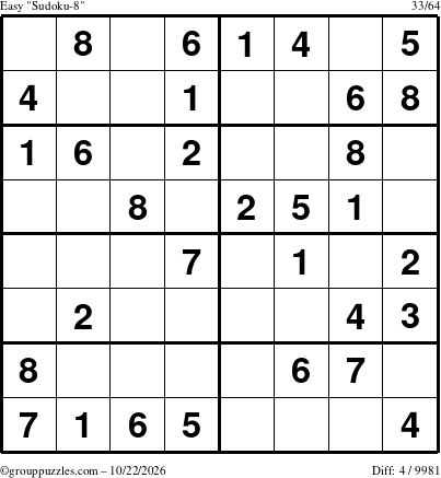The grouppuzzles.com Easy Sudoku-8 puzzle for Thursday October 22, 2026