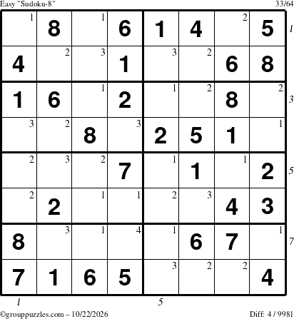The grouppuzzles.com Easy Sudoku-8 puzzle for Thursday October 22, 2026, suitable for printing, with all 4 steps marked