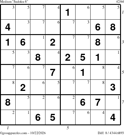The grouppuzzles.com Medium Sudoku-8 puzzle for Thursday October 22, 2026 with all 8 steps marked