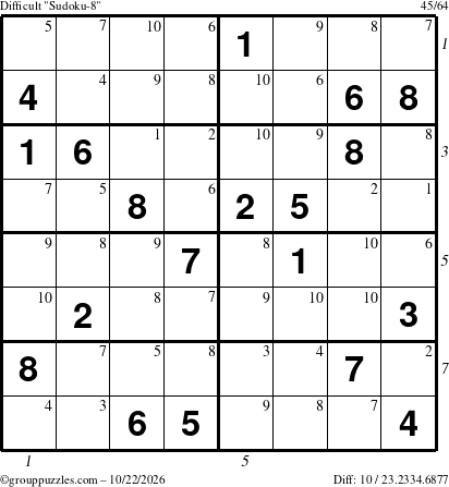 The grouppuzzles.com Difficult Sudoku-8 puzzle for Thursday October 22, 2026, suitable for printing, with all 10 steps marked