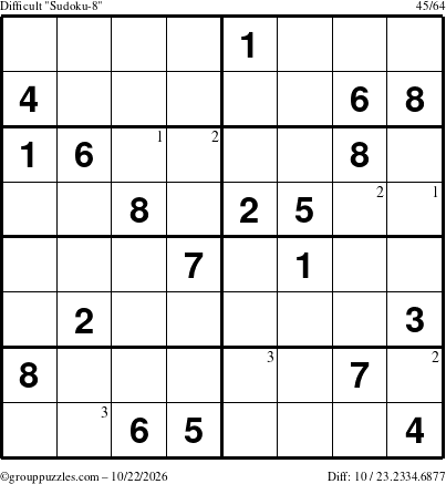 The grouppuzzles.com Difficult Sudoku-8 puzzle for Thursday October 22, 2026 with the first 3 steps marked