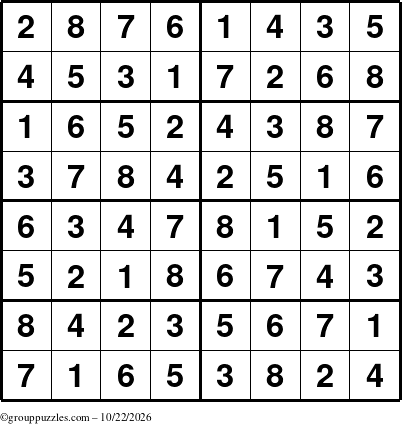 The grouppuzzles.com Answer grid for the Sudoku-8 puzzle for Thursday October 22, 2026