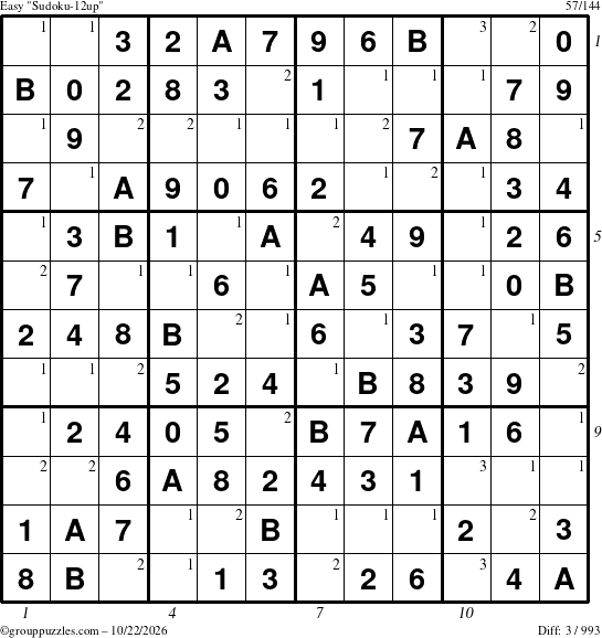 The grouppuzzles.com Easy Sudoku-12up puzzle for Thursday October 22, 2026, suitable for printing, with all 3 steps marked