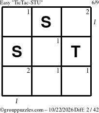 The grouppuzzles.com Easy TicTac-STU puzzle for Thursday October 22, 2026, suitable for printing, with all 2 steps marked