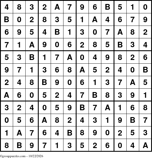The grouppuzzles.com Answer grid for the Sudoku-12up puzzle for Thursday October 22, 2026