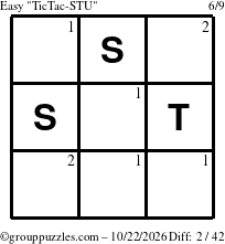 The grouppuzzles.com Easy TicTac-STU puzzle for Thursday October 22, 2026 with the first 2 steps marked