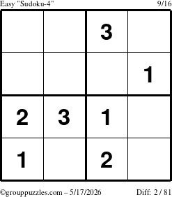 The grouppuzzles.com Easy Sudoku-4 puzzle for Sunday May 17, 2026