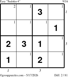 The grouppuzzles.com Easy Sudoku-4 puzzle for Sunday May 17, 2026, suitable for printing, with all 2 steps marked