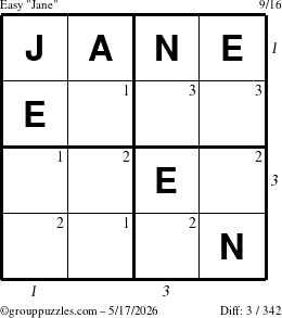The grouppuzzles.com Easy Jane puzzle for Sunday May 17, 2026 with all 3 steps marked