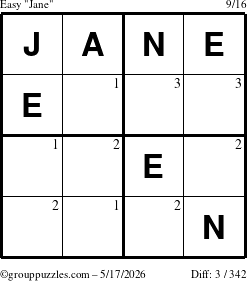 The grouppuzzles.com Easy Jane puzzle for Sunday May 17, 2026 with the first 3 steps marked
