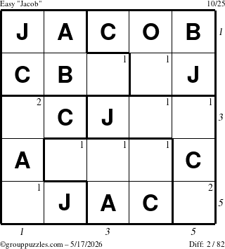 The grouppuzzles.com Easy Jacob puzzle for Sunday May 17, 2026, suitable for printing, with all 2 steps marked