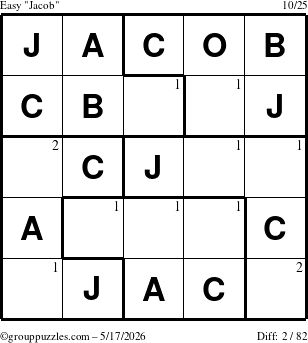 The grouppuzzles.com Easy Jacob puzzle for Sunday May 17, 2026 with the first 2 steps marked