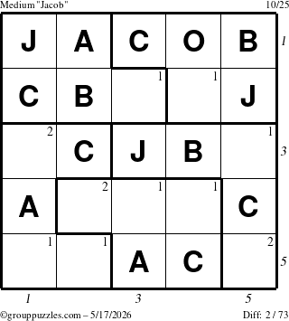 The grouppuzzles.com Medium Jacob puzzle for Sunday May 17, 2026 with all 2 steps marked