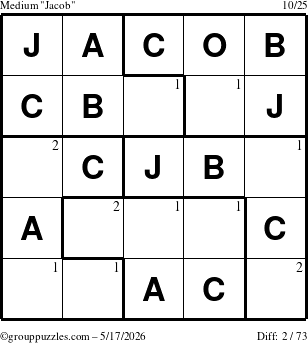 The grouppuzzles.com Medium Jacob puzzle for Sunday May 17, 2026 with the first 2 steps marked
