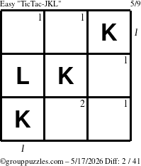 The grouppuzzles.com Easy TicTac-JKL puzzle for Sunday May 17, 2026, suitable for printing, with all 2 steps marked