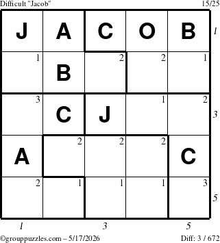 The grouppuzzles.com Difficult Jacob puzzle for Sunday May 17, 2026 with all 3 steps marked