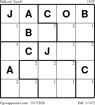 The grouppuzzles.com Difficult Jacob puzzle for Sunday May 17, 2026 with the first 3 steps marked
