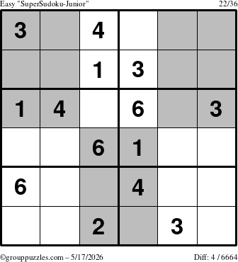 The grouppuzzles.com Easy SuperSudoku-Junior puzzle for Sunday May 17, 2026