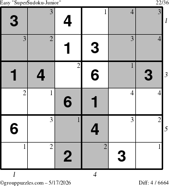 The grouppuzzles.com Easy SuperSudoku-Junior puzzle for Sunday May 17, 2026, suitable for printing, with all 4 steps marked