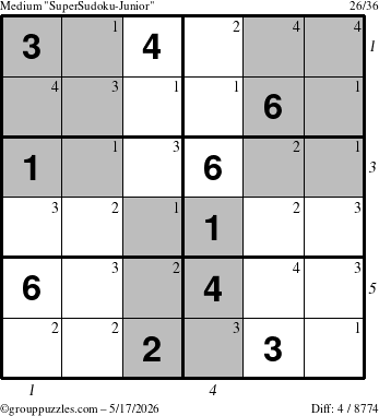 The grouppuzzles.com Medium SuperSudoku-Junior puzzle for Sunday May 17, 2026 with all 4 steps marked