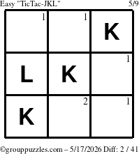 The grouppuzzles.com Easy TicTac-JKL puzzle for Sunday May 17, 2026 with the first 2 steps marked