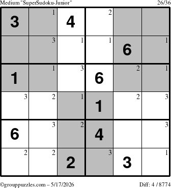 The grouppuzzles.com Medium SuperSudoku-Junior puzzle for Sunday May 17, 2026 with the first 3 steps marked