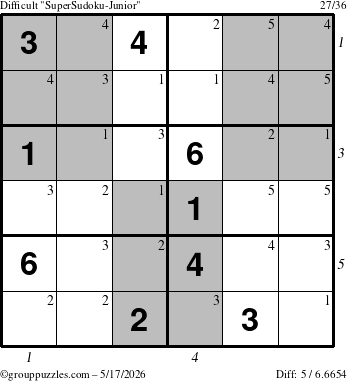 The grouppuzzles.com Difficult SuperSudoku-Junior puzzle for Sunday May 17, 2026, suitable for printing, with all 5 steps marked