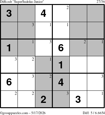The grouppuzzles.com Difficult SuperSudoku-Junior puzzle for Sunday May 17, 2026 with the first 3 steps marked