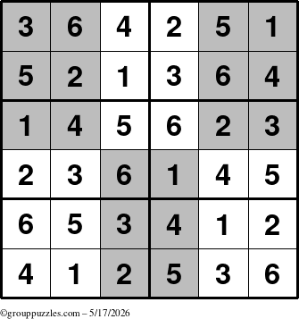 The grouppuzzles.com Answer grid for the SuperSudoku-Junior puzzle for Sunday May 17, 2026