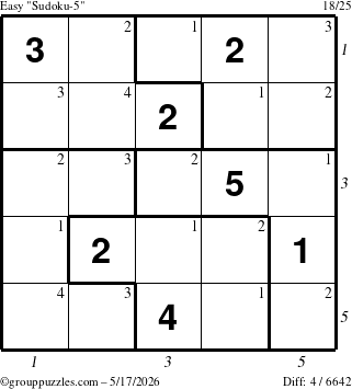 The grouppuzzles.com Easy Sudoku-5 puzzle for Sunday May 17, 2026, suitable for printing, with all 4 steps marked