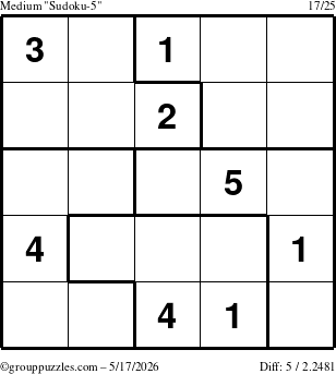 The grouppuzzles.com Medium Sudoku-5 puzzle for Sunday May 17, 2026