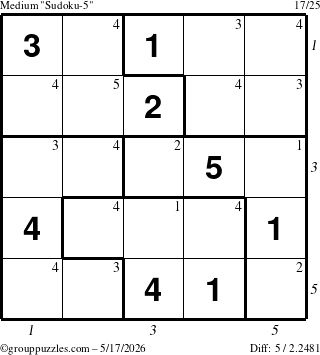 The grouppuzzles.com Medium Sudoku-5 puzzle for Sunday May 17, 2026 with all 5 steps marked