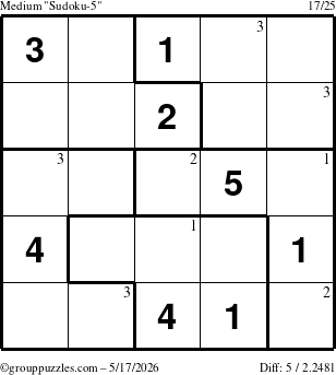 The grouppuzzles.com Medium Sudoku-5 puzzle for Sunday May 17, 2026 with the first 3 steps marked
