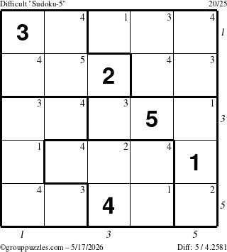 The grouppuzzles.com Difficult Sudoku-5 puzzle for Sunday May 17, 2026 with all 5 steps marked