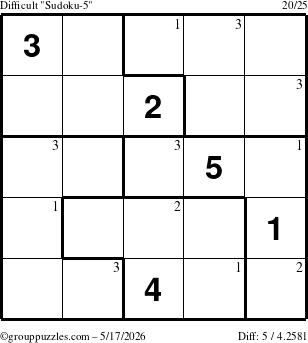 The grouppuzzles.com Difficult Sudoku-5 puzzle for Sunday May 17, 2026 with the first 3 steps marked