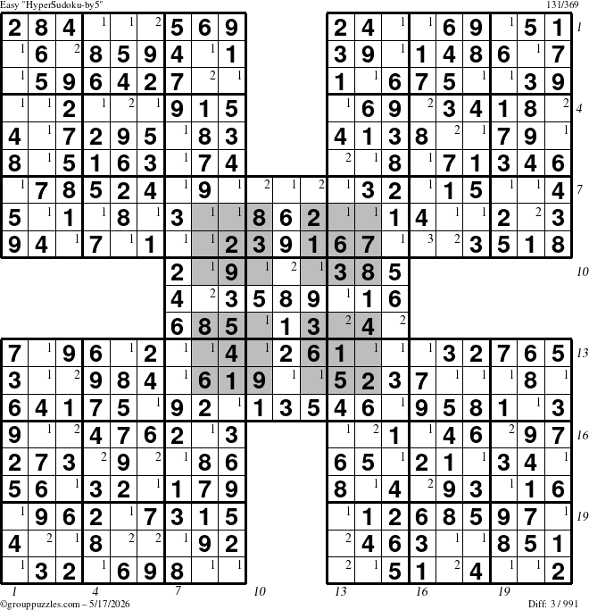 The grouppuzzles.com Easy HyperSudoku-by5 puzzle for Sunday May 17, 2026 with all 3 steps marked