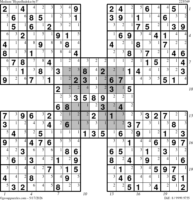 The grouppuzzles.com Medium HyperSudoku-by5 puzzle for Sunday May 17, 2026, suitable for printing, with all 8 steps marked