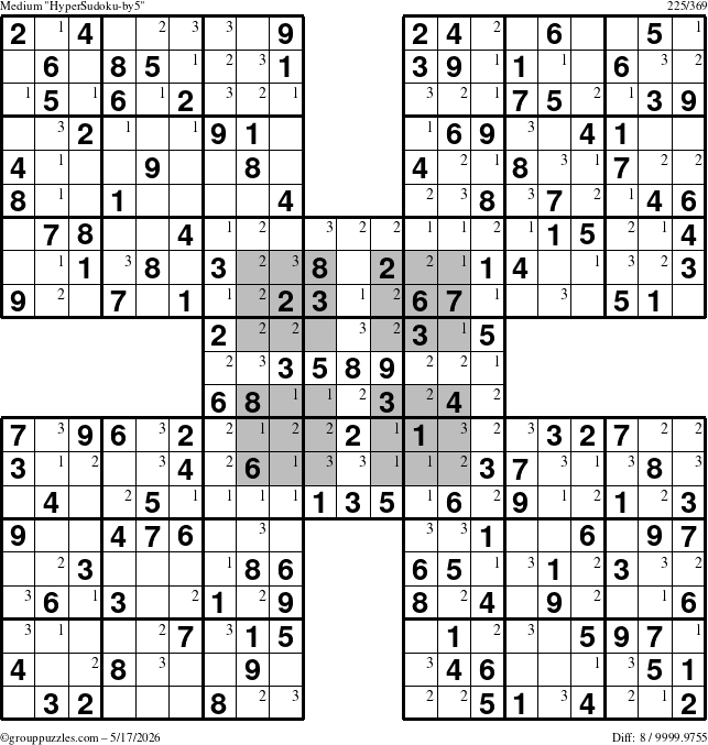 The grouppuzzles.com Medium HyperSudoku-by5 puzzle for Sunday May 17, 2026 with the first 3 steps marked