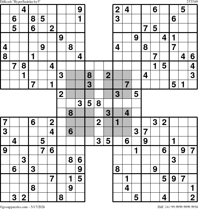 The grouppuzzles.com Difficult HyperSudoku-by5 puzzle for Sunday May 17, 2026