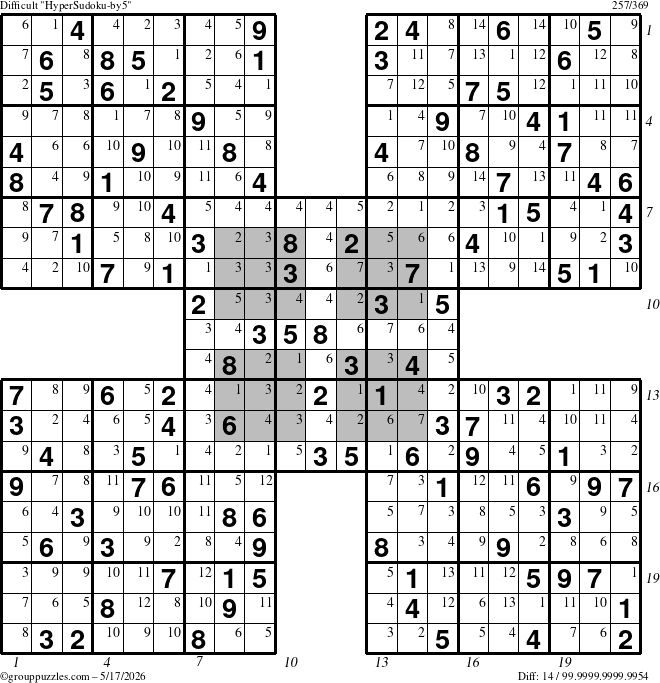 The grouppuzzles.com Difficult HyperSudoku-by5 puzzle for Sunday May 17, 2026 with all 14 steps marked