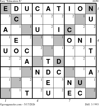 The grouppuzzles.com Easy Education-X puzzle for Sunday May 17, 2026 with all 3 steps marked