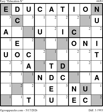 The grouppuzzles.com Easy Education-X puzzle for Sunday May 17, 2026 with the first 3 steps marked