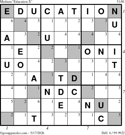 The grouppuzzles.com Medium Education-X puzzle for Sunday May 17, 2026, suitable for printing, with all 6 steps marked