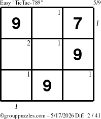 The grouppuzzles.com Easy TicTac-789 puzzle for Sunday May 17, 2026, suitable for printing, with all 2 steps marked