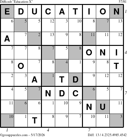 The grouppuzzles.com Difficult Education-X puzzle for Sunday May 17, 2026 with all 13 steps marked