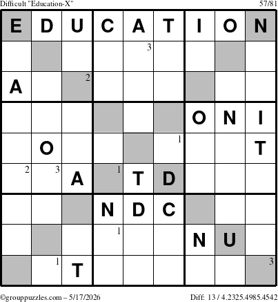 The grouppuzzles.com Difficult Education-X puzzle for Sunday May 17, 2026 with the first 3 steps marked