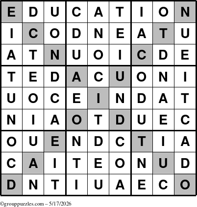 The grouppuzzles.com Answer grid for the Education-X puzzle for Sunday May 17, 2026