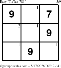 The grouppuzzles.com Easy TicTac-789 puzzle for Sunday May 17, 2026 with the first 2 steps marked