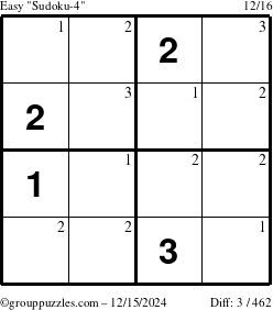 The grouppuzzles.com Easy Sudoku-4 puzzle for Sunday December 15, 2024 with the first 3 steps marked