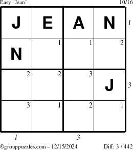 The grouppuzzles.com Easy Jean puzzle for Sunday December 15, 2024 with all 3 steps marked